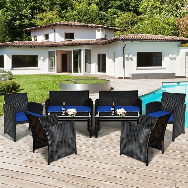 Costway 8PCS Patio Rattan Furniture Conversation Set Cushion Sofa