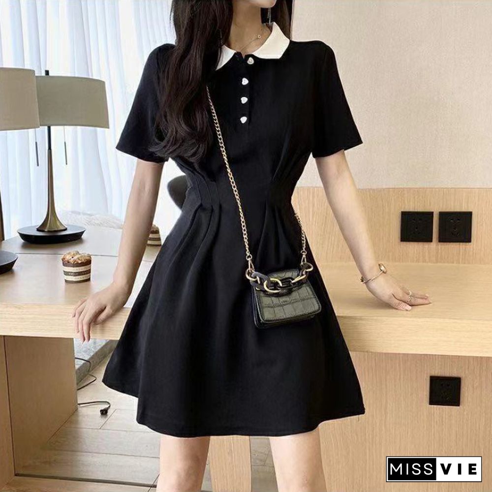 Short Sleeve Dress Women Ins Empire Simple Black Basic Summer Trendy Preppy Girls Clothing Leisure A-Line Mujer Vestido Retro