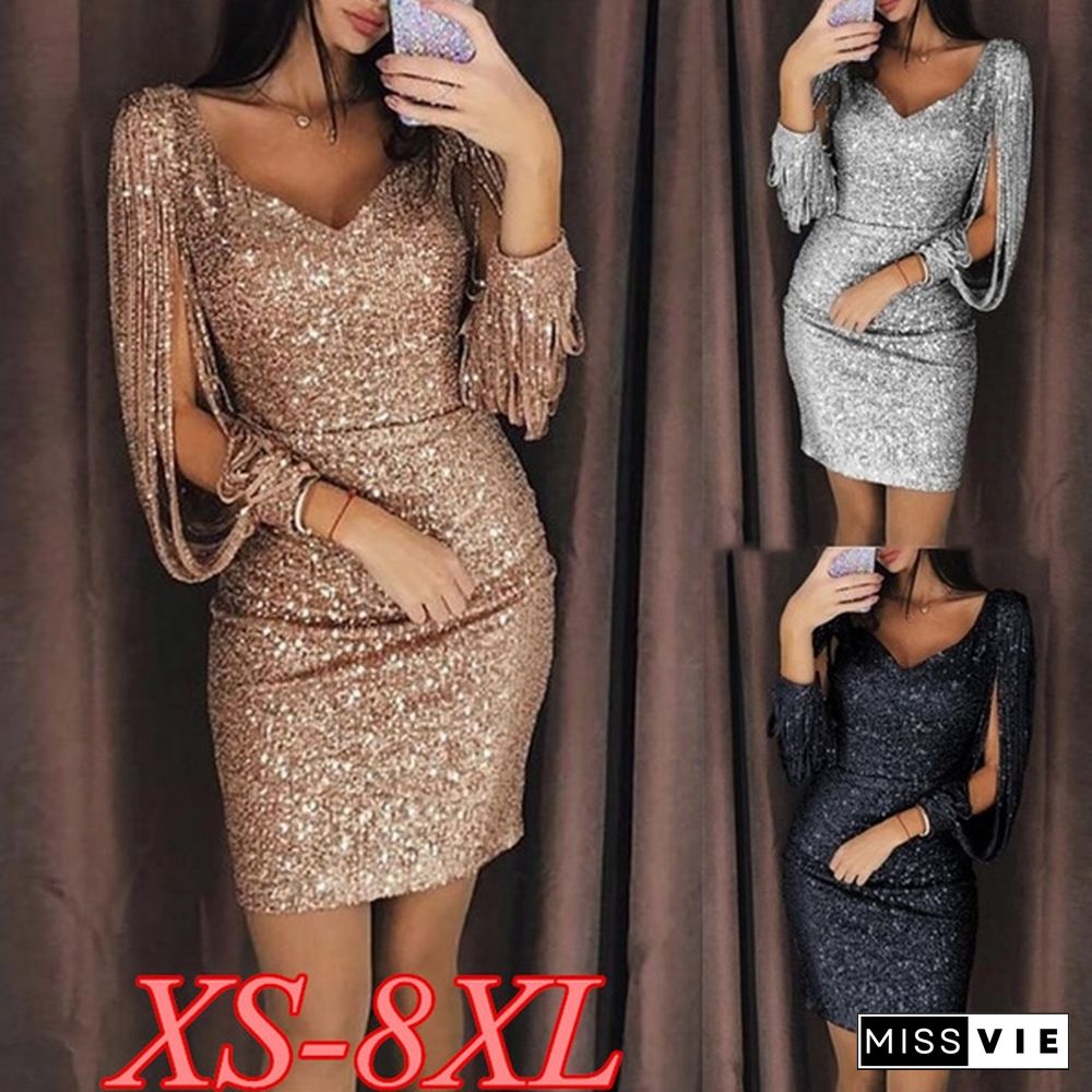 3 Color Xs-8Xl Super Sexy Ladies Vogue Tassels Detail Slit Sleeve Sequin Party Dress Female Nightclub Midi Dresses