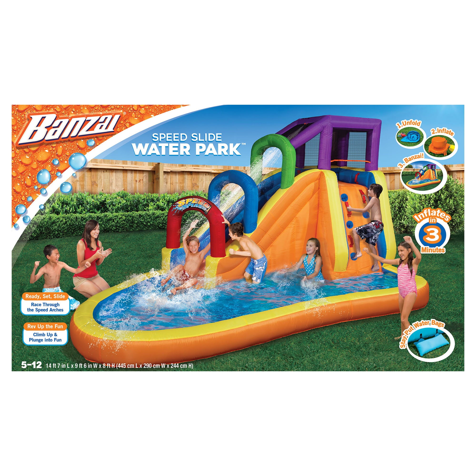 Banzai Speed Slide Water Park, Length: 14 ft 7 in, Width: 9 ft 6 in, Height: 8 ft, Inflatable Outdoor Backyard Water Slide Splash Toy