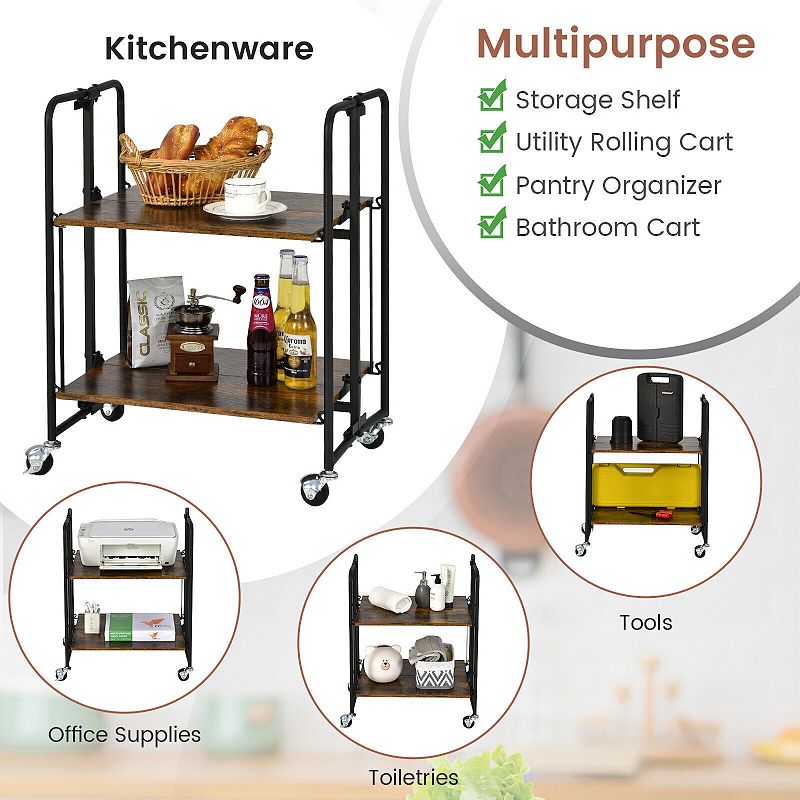 Foldable Rolling Cart with Storage Shelves for Kitchen-2 Tier