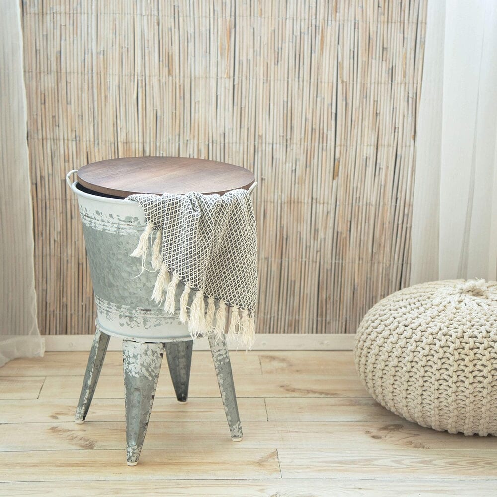 Farmhouse Accent Side Table - Galvanized Rustic End Table. Metal Storage Bin