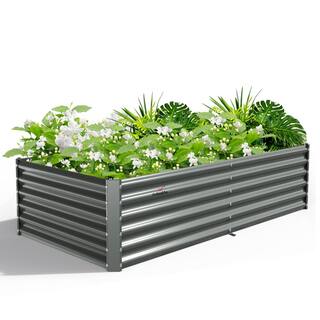 Cesicia Outdoor 8 ft. x 4 ft. x 1.5 ft Rectangular Metal Galvanized Raised Garden Bed in Gray For Vegetables and Flowers VJ043Plant7