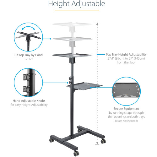 StarTech Mobile Projector and Laptop Stand/Cart， Heavy Duty Portable Projector Stand/Presentation Cart (22lb/shelf)， Height Adjustable (ADJPROJCART)