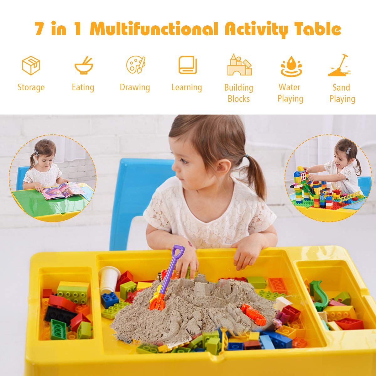 Costzon 7 in 1 Kids Table and 2 Chair Set, Children Building Block Table with Storage