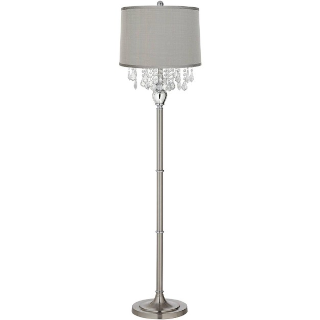 Tall Satin Steel Chrome Crystal Chandelier Platinum Gray Silk Drum Shade For Living Room Reading Bedroom