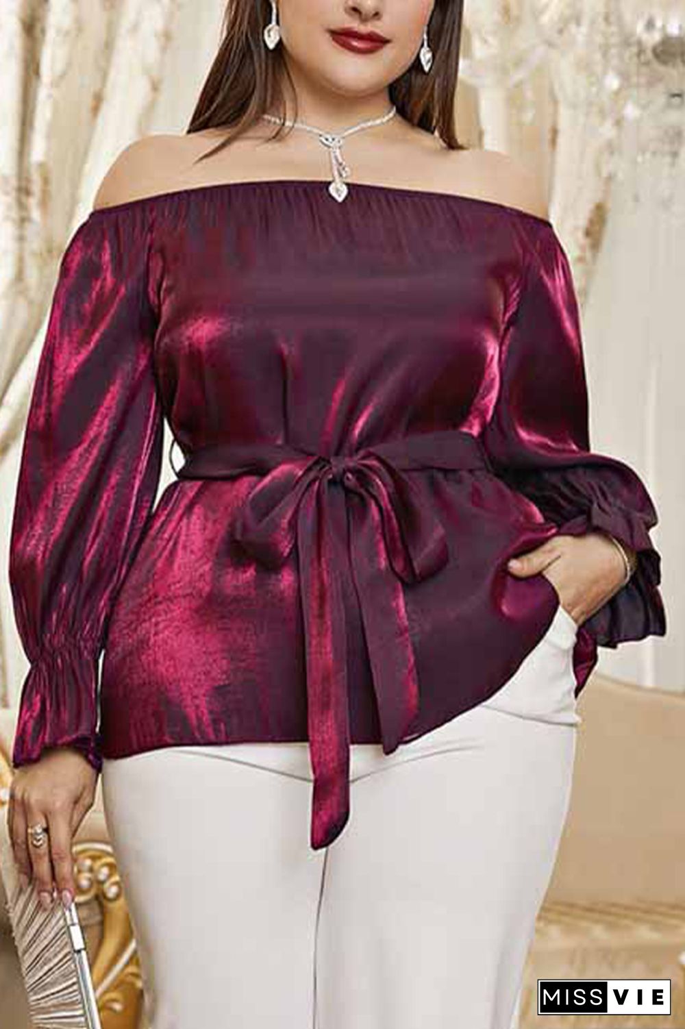 Off Shoulder Waistband Burgundy Plus Size Blouse Top Wholesale