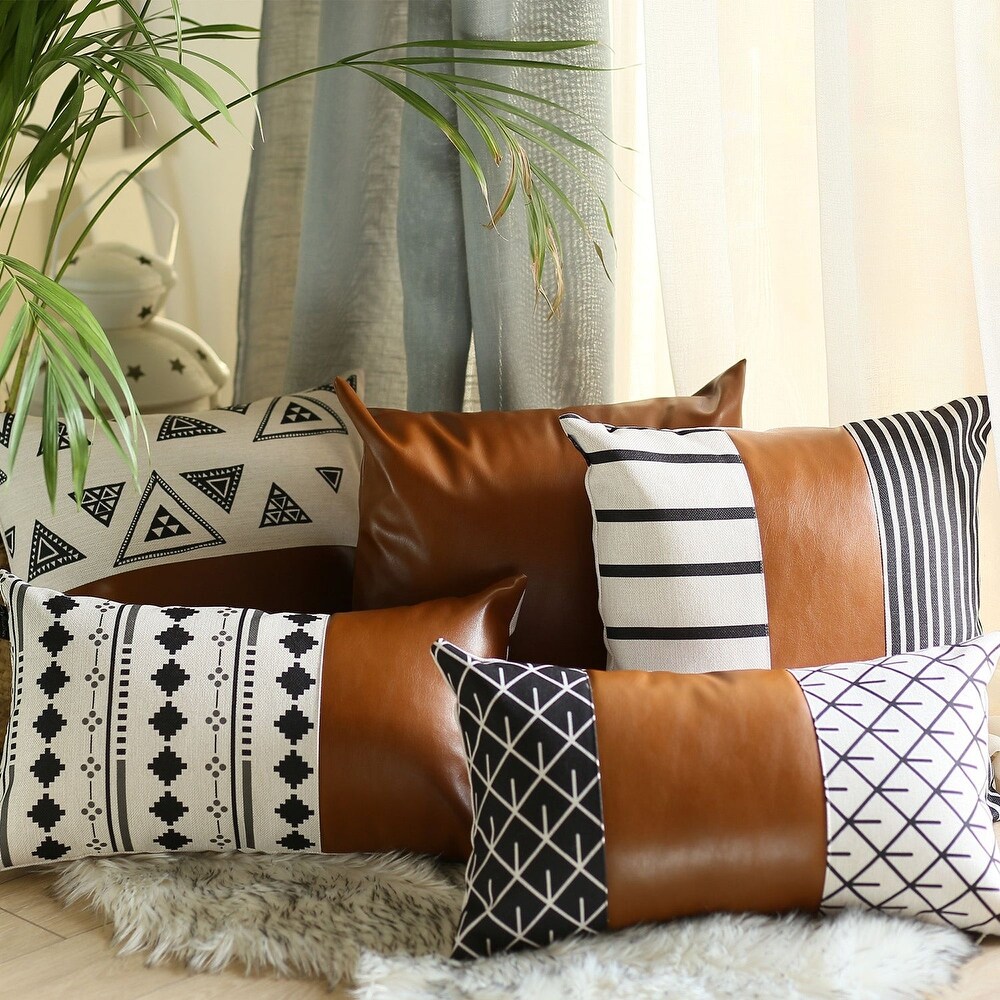 Bohemian Mixed Set of 4 Vegan Faux Leather Brown Geometric Throw Pillow Cover