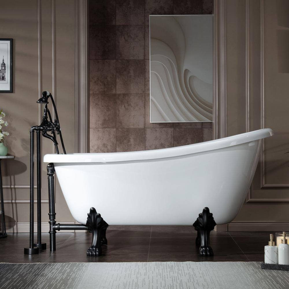 WOODBRIDGE Dover 54 in. Heavy Duty Acrylic Slipper Clawfoot Bathtub White Faucet Claw Feet Drain  Overflow in Oil Rubbed Bronze HBT7009