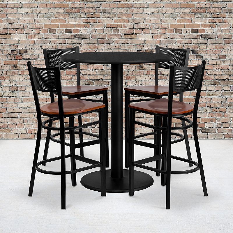 Emma and Oliver 36 Round Black Laminate Table Set， 4 Grid Back Metal Barstools