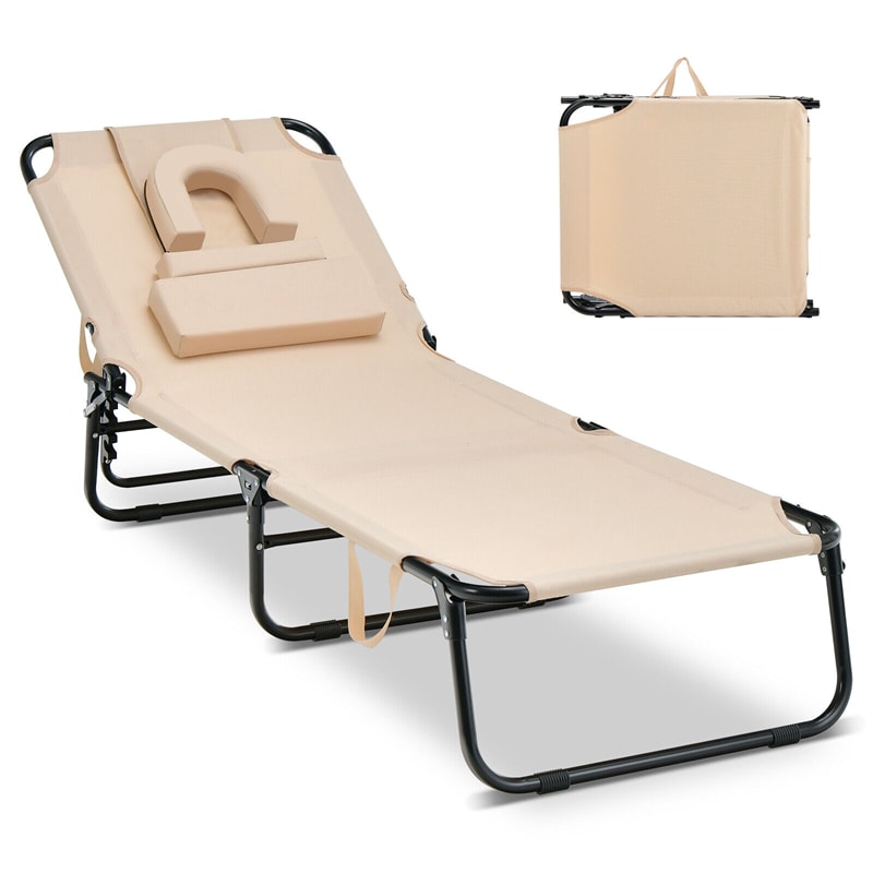 Folding Beach Chaise Lounge Chair 5-Position Adjustable Sunbathing Recliner with Face Hole & Dechatable Pillows