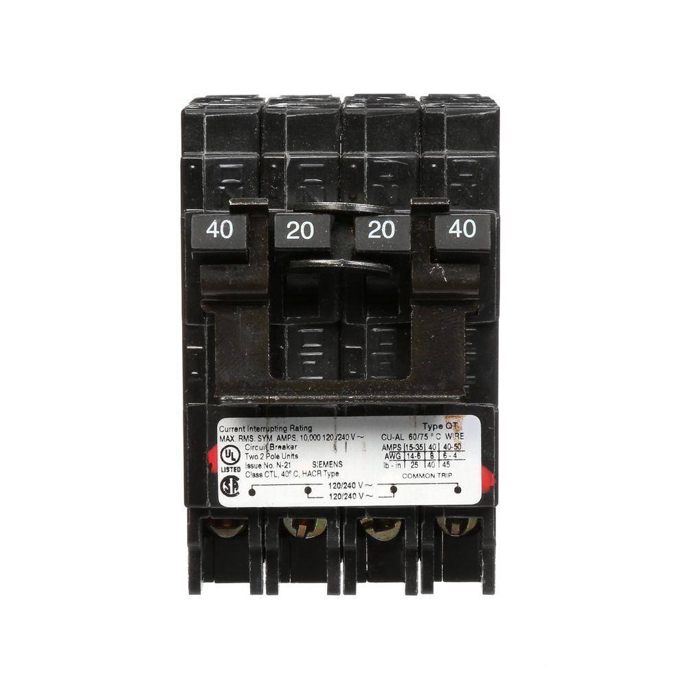 Siemens 20 Amp Double-Pole and 40 Amp Double-Pole Type QT Quad Circuit Breaker Q24020CT2