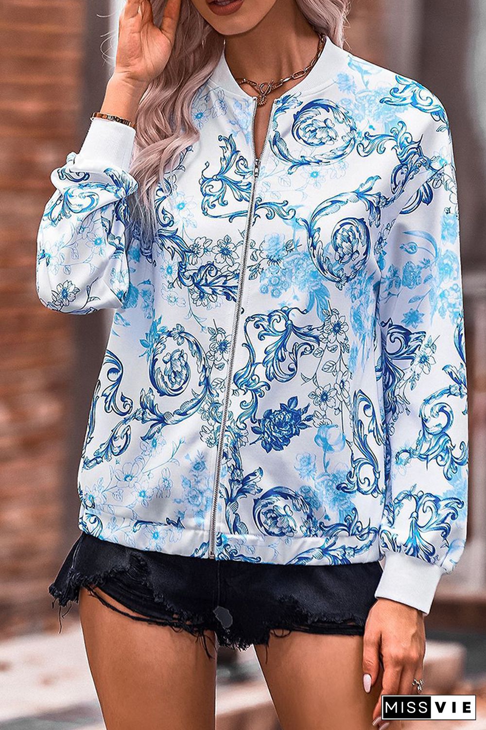 Floral Print Zipper Jacket Coat