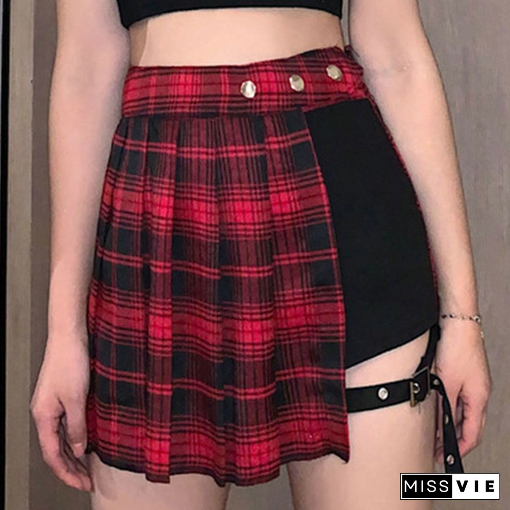 Women Summer Plaid Pleated Skirt Punk Gothic Style Cosplay Plaid Pantskirt Split Skirt #S-Xl