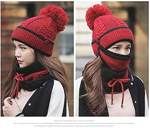 3pcs/set Fashion Women Winter Knitted Hat Thickened Woolen Cap With Warm Mask And Neck Scarf Wine Red -