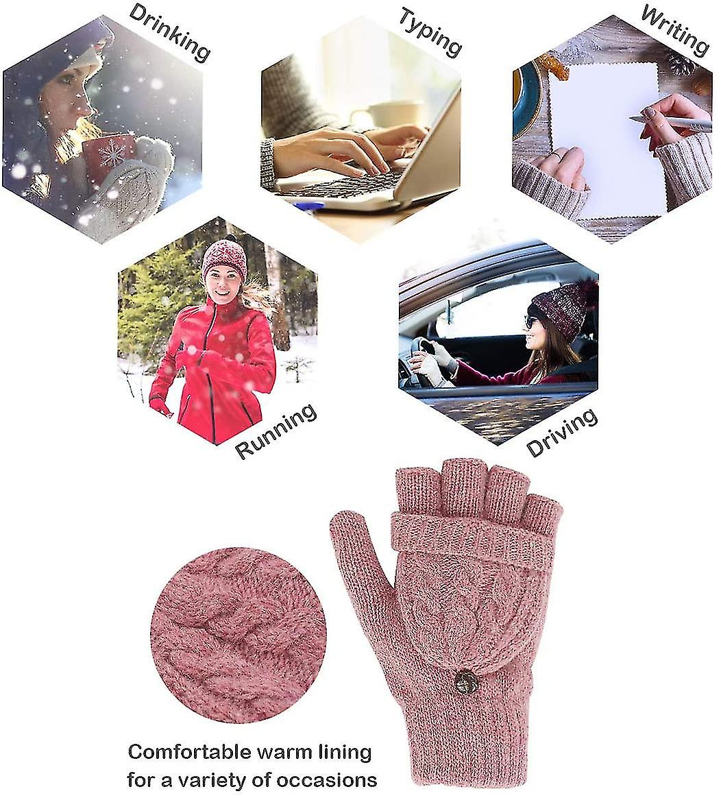 Women's Gloves Fingerless Mittens - Ladies Gloves Winter Warm Knit Fingerless Gloves Wool Mittens Flap Cover Texting Glovespink