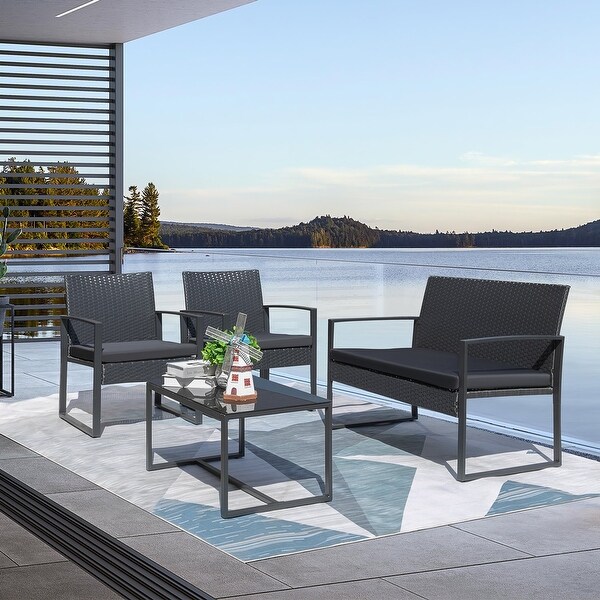 4 Pieces Patio Conversation Sets PE Rattan Chairs with Loveseat and Table - Overstock - 35765538