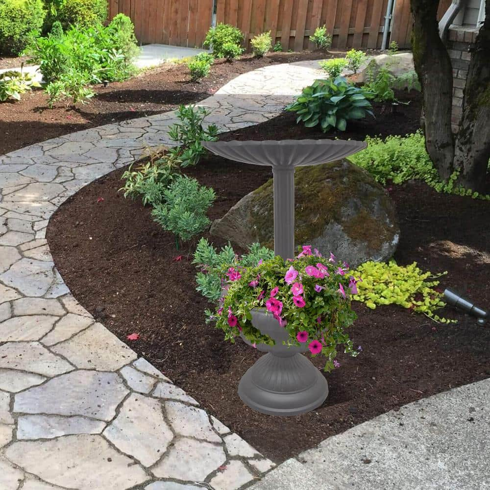 Oakland Living Ornate Round Cast Aluminum Metal 35 in.， Grey Birdbath and Planter Vase Combo LACY-BB-PT-GREY