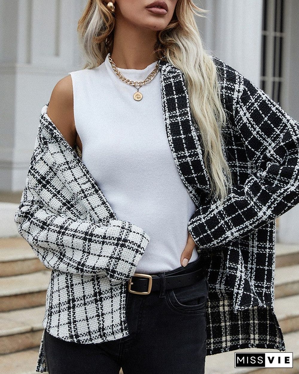 Plaid Print Colorblock Button Design Coat