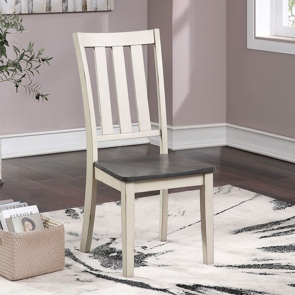 Wooden Side Chair Of Two with Slat Back in Antique White And Gray