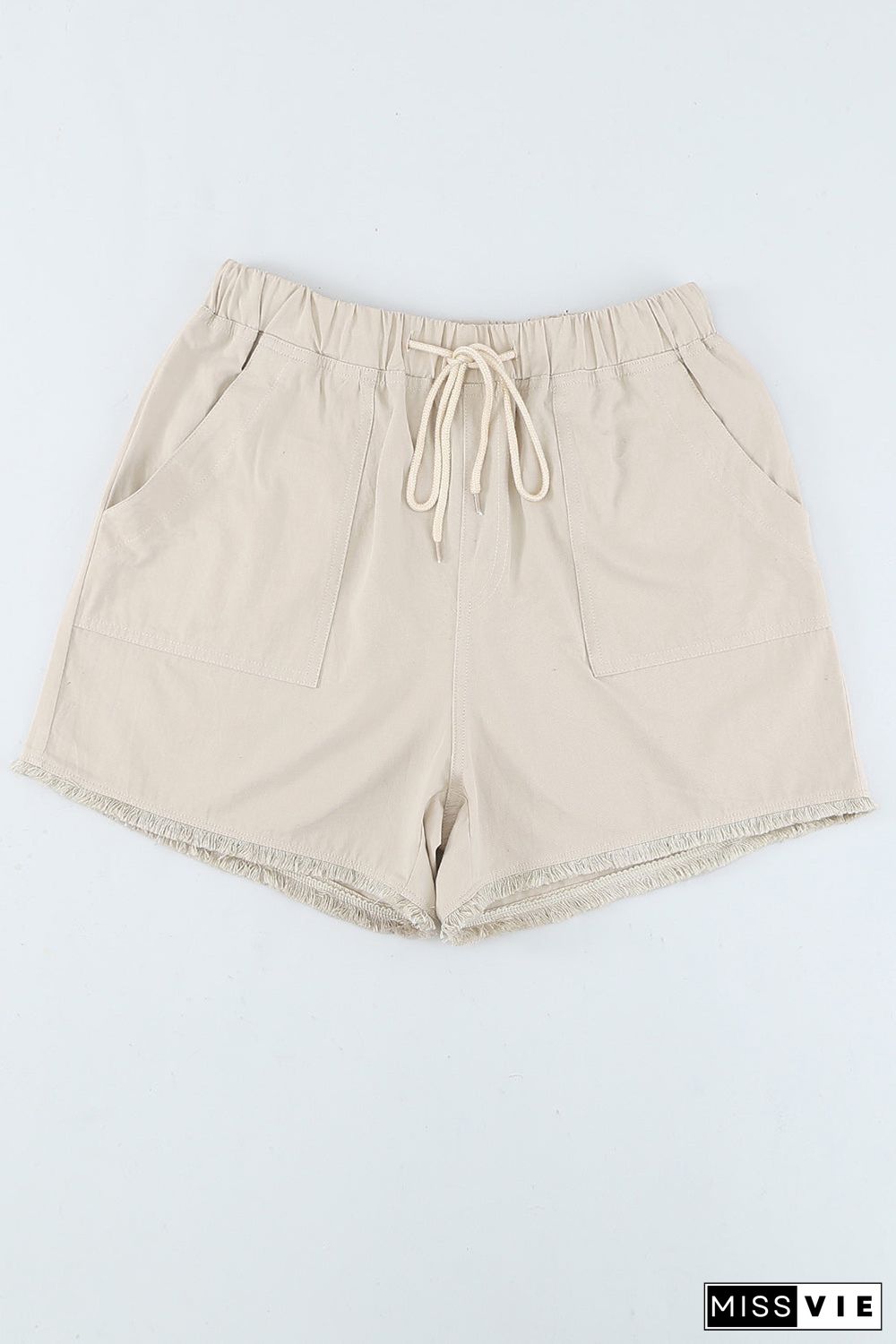 Solid Color Drawstring Frayed Hem Pocketed Shorts