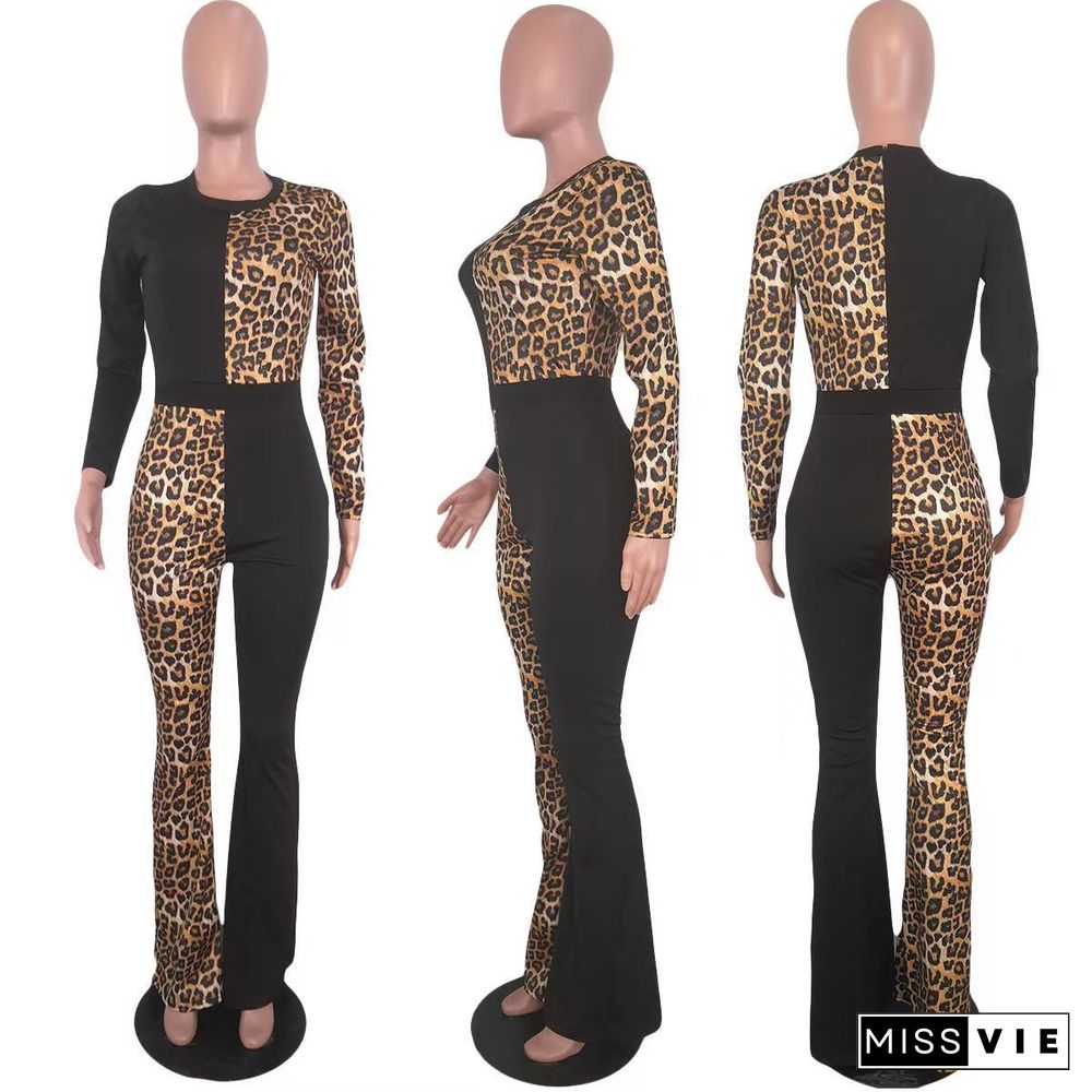 Leopard Print Long Sleeve One Piece Jumpsuit