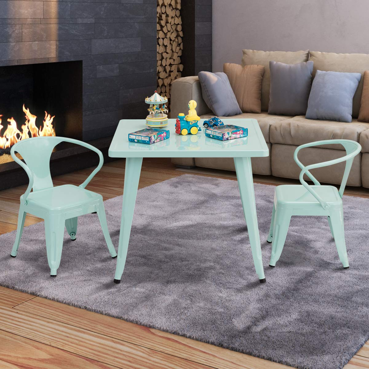 Kids Table and 2 Chair Set for Indoor/Outdoor Use, Steel Table and Stackable Chairs (Mint Green, Table & Chairs)