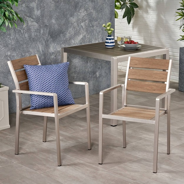 Cape Coral 2pk Aluminum Dining Chair With Faux Wood Seat Silver natural Christopher Knight Home