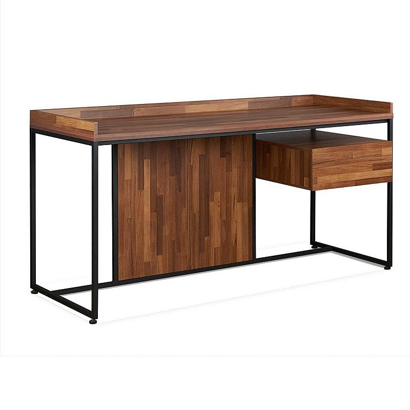 Wooden Top Desk With Rectangular  Metal  frame，  Walnut Brown and Sandy Black