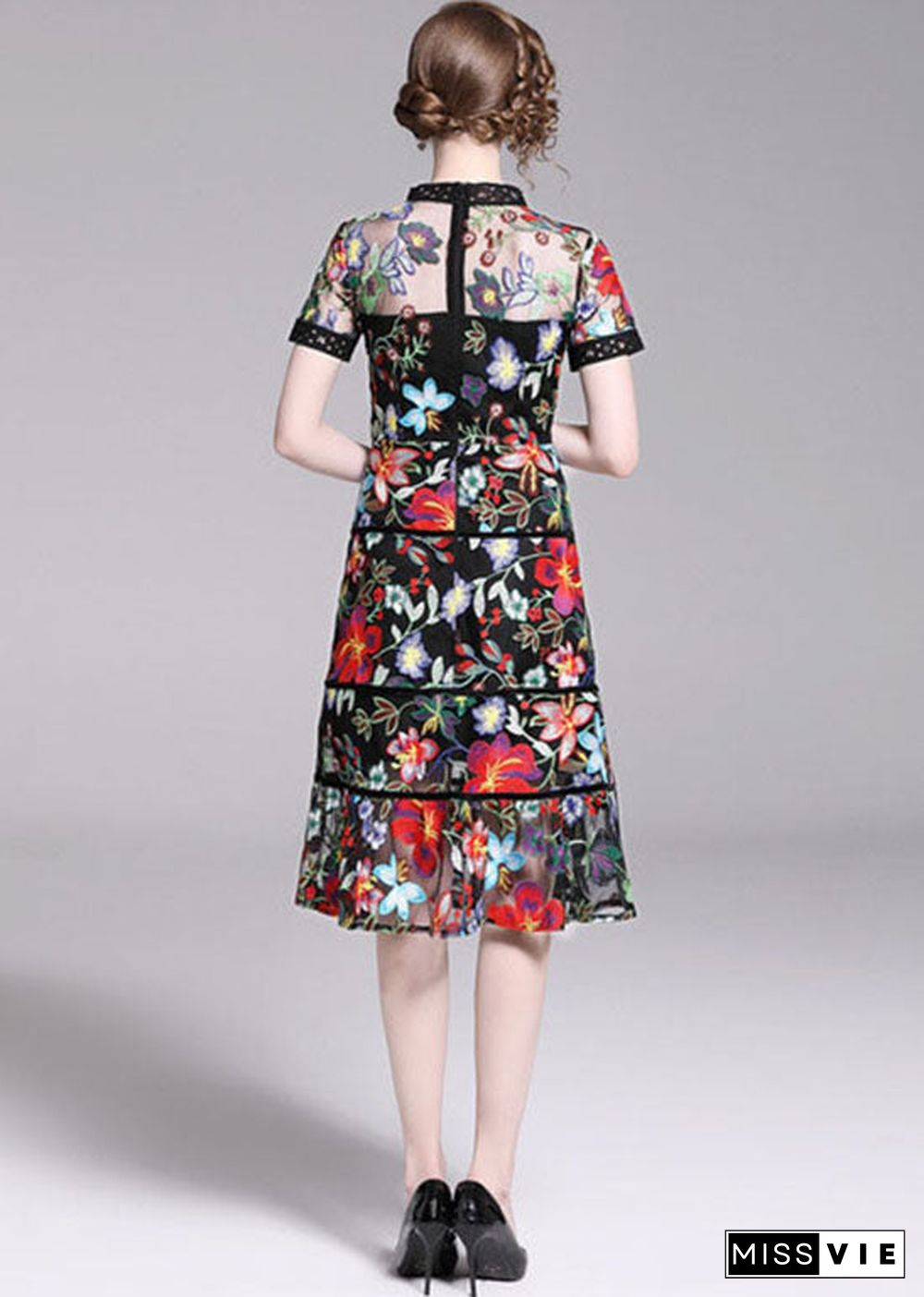 Slim Fit Floral Embroideried Patchwork Tulle Mid Dress Summer