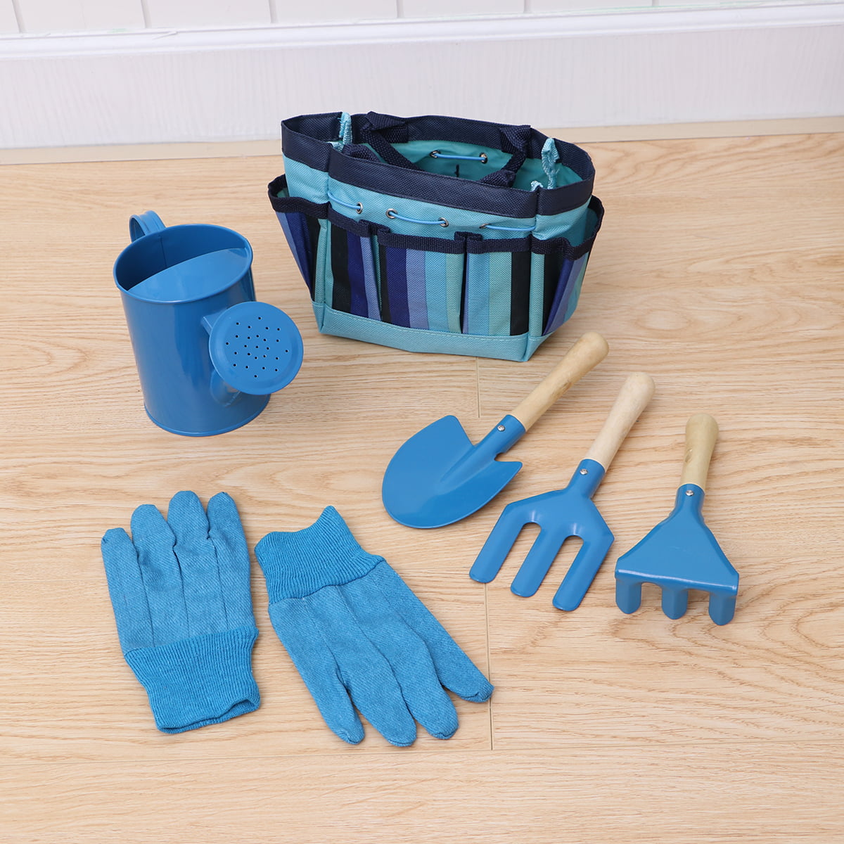 HEMOTON Gardening Tools with Garden Gloves and Garden Tote For Kids Children Gardening (Blue)