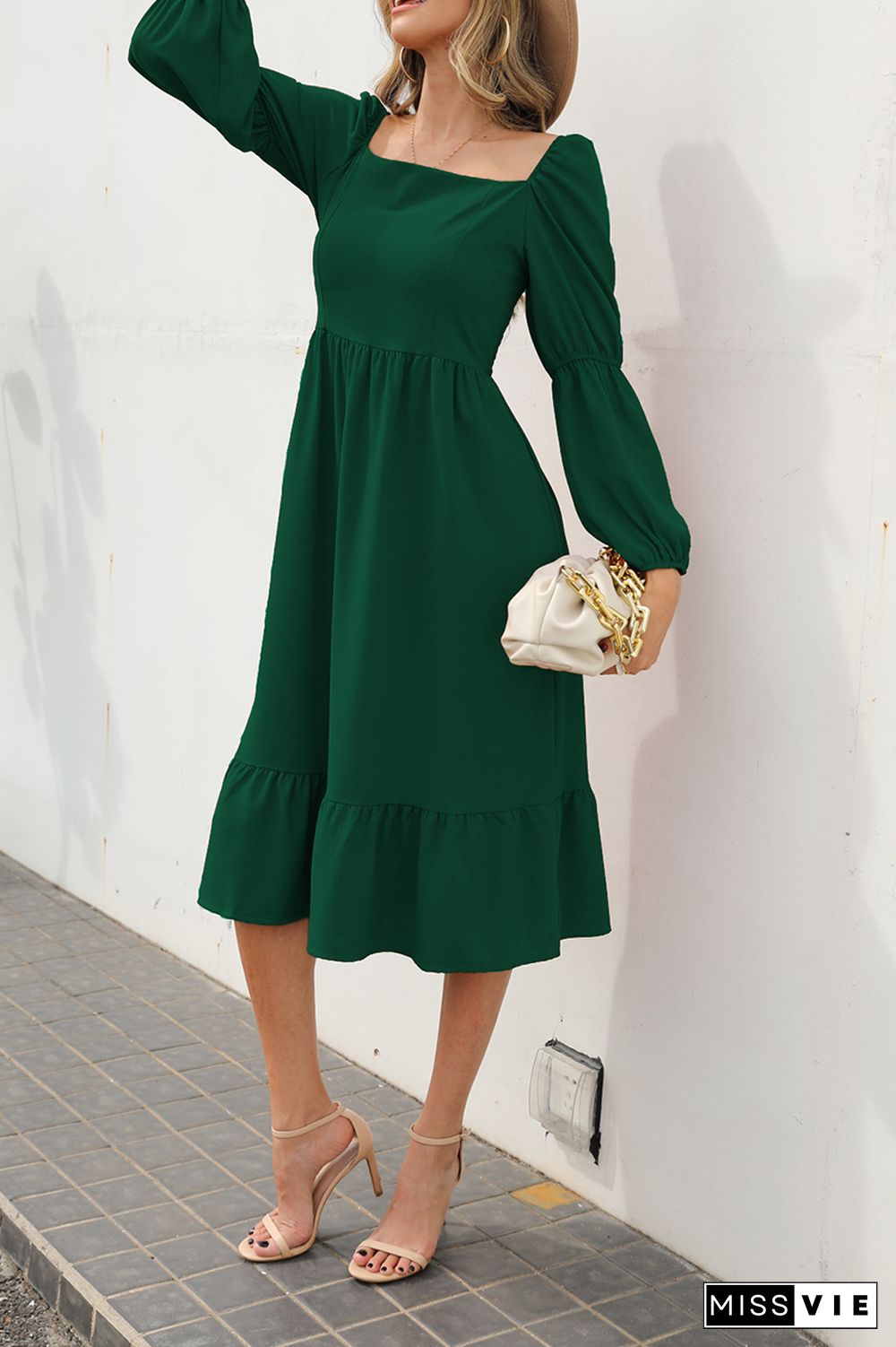 Casual Solid Split Joint Square Collar Waist Skirt Dresses