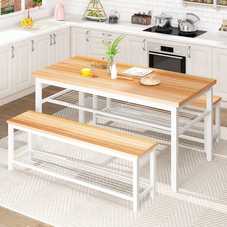 3 Piece Dining Table Set  4   Person Dining Set  Kitchen Dining Table with 2 Benches  Dining Room Table Set with Storage Rack