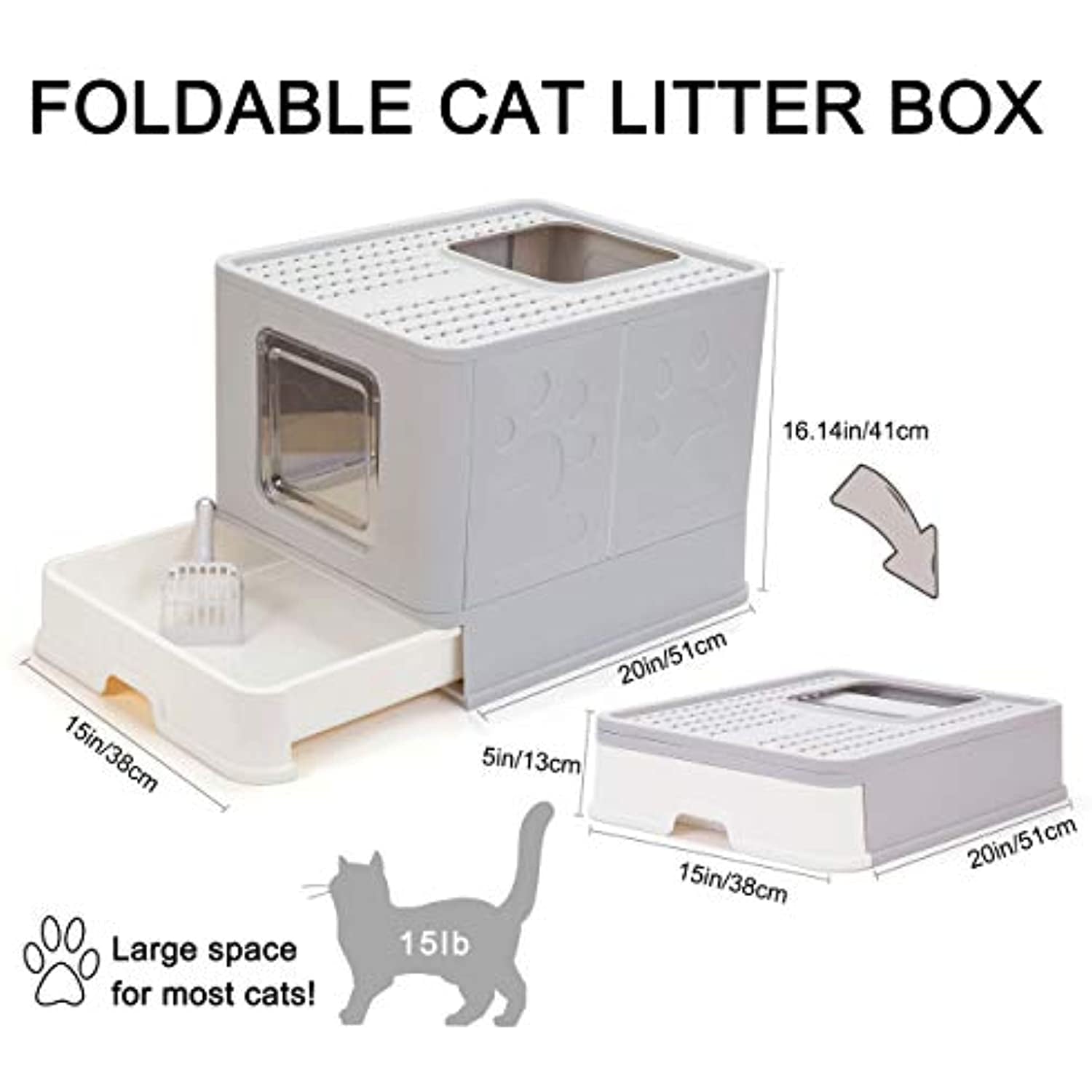 Foldable Cat Litter Box with Lid， Large Enclosed Cat Litter Boxes， Top Entry Cat Potty， Easy to Clean Anti-Splashing Litter Pan Including Litter Scoop (Gray)