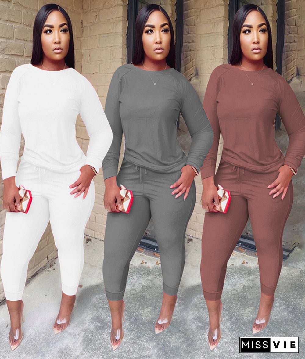 Long Sleeve Solid Pullover T-shirt Long Pant Outfits