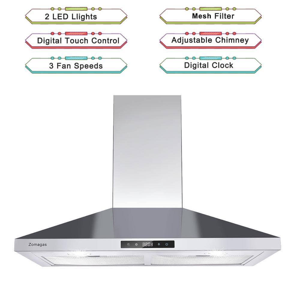 Edendirect 30 in Range Hood Wall Mounted Ducted 600 CFM Touch Panel Kitchen Stainless Steel Vented with Light