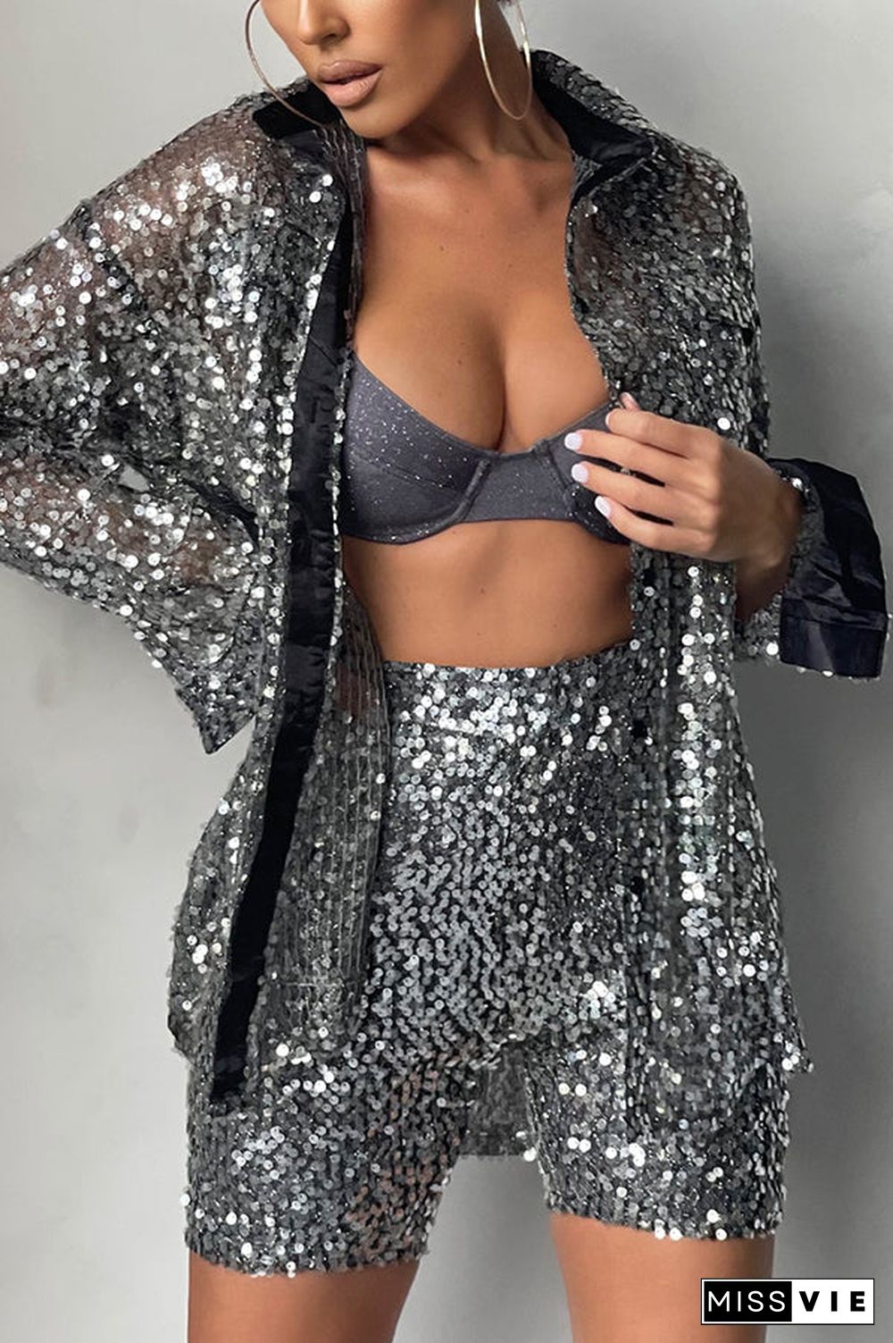 Steel Sequin Oversize Shirt Shorts Set