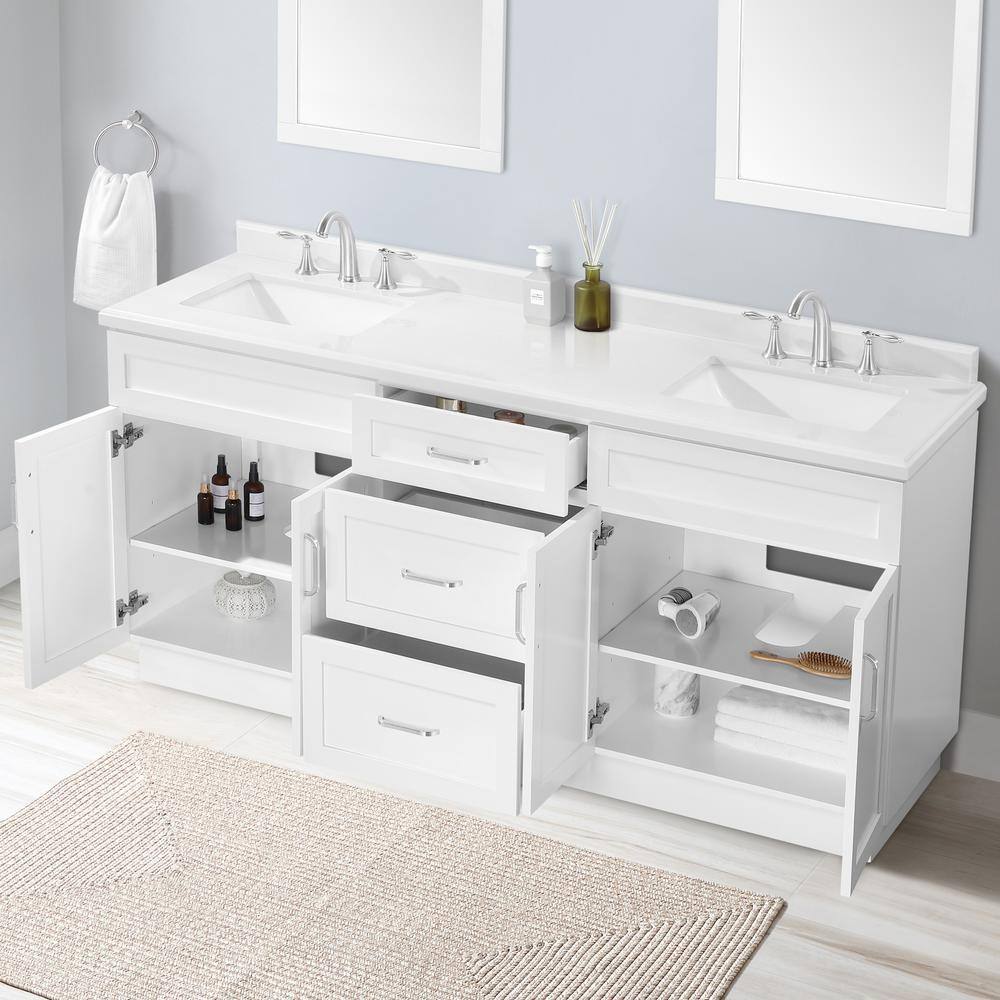 Home Decorators Collection Lincoln 72 in. W x 22 in. D x 34.5 in. H Bath Vanity in White with White Cultured Marble Top Lincoln 72W