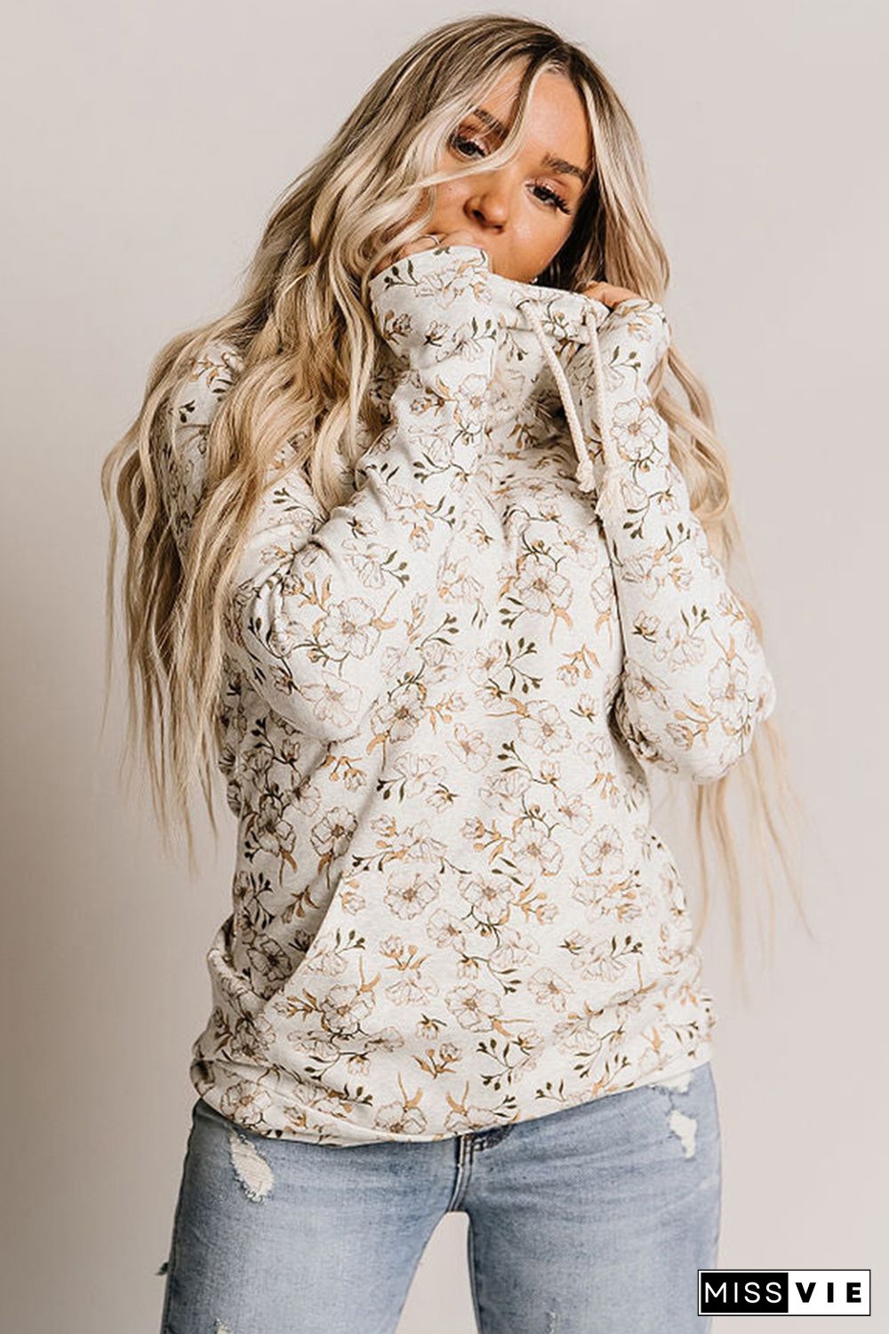 White Cowl Neck Floral Print Sweatshirt