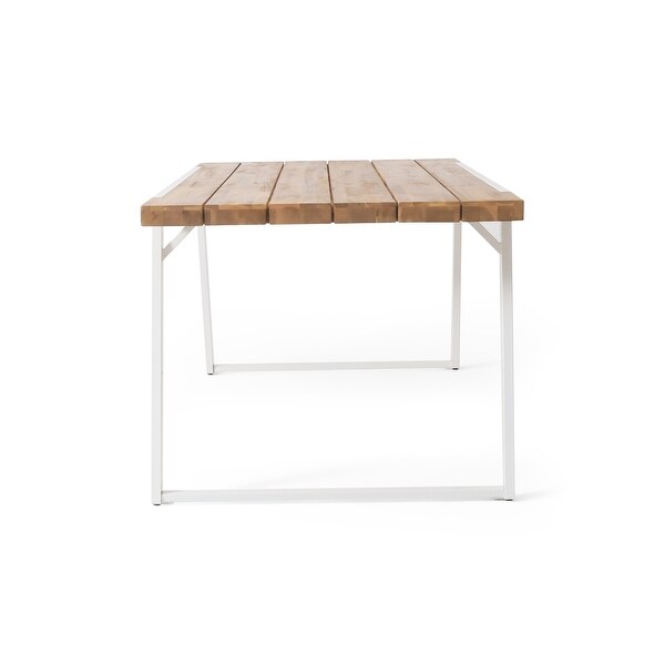 Teak Wooden Slat Panel Tabletop and a Sleek Sled Base Frame Outdoor Dining Table 70.75