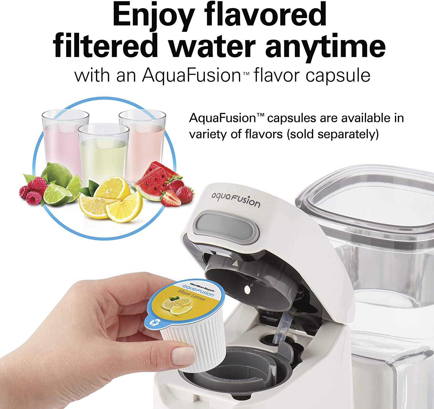 Hamilton Beach AquaFusion Electric Countertop Water Purifier and Filter 64 oz. Pitcher， Compatible with Flavor Capsules， White (87320)