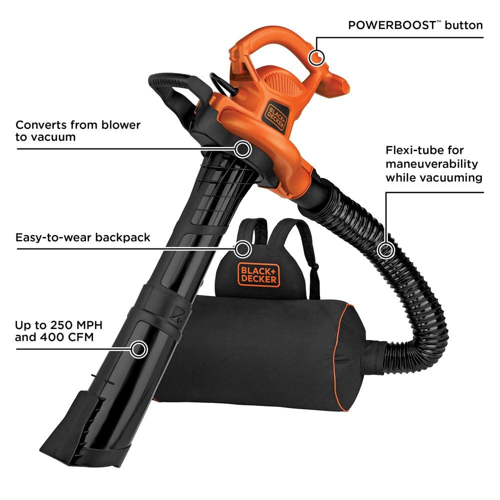 BLACK+DECKER 12 AMP 250 MPH 400 CFM Corded Electric 3-In-1 Backpack Leaf Blower, Vacuum & Mulcher BEBL7000