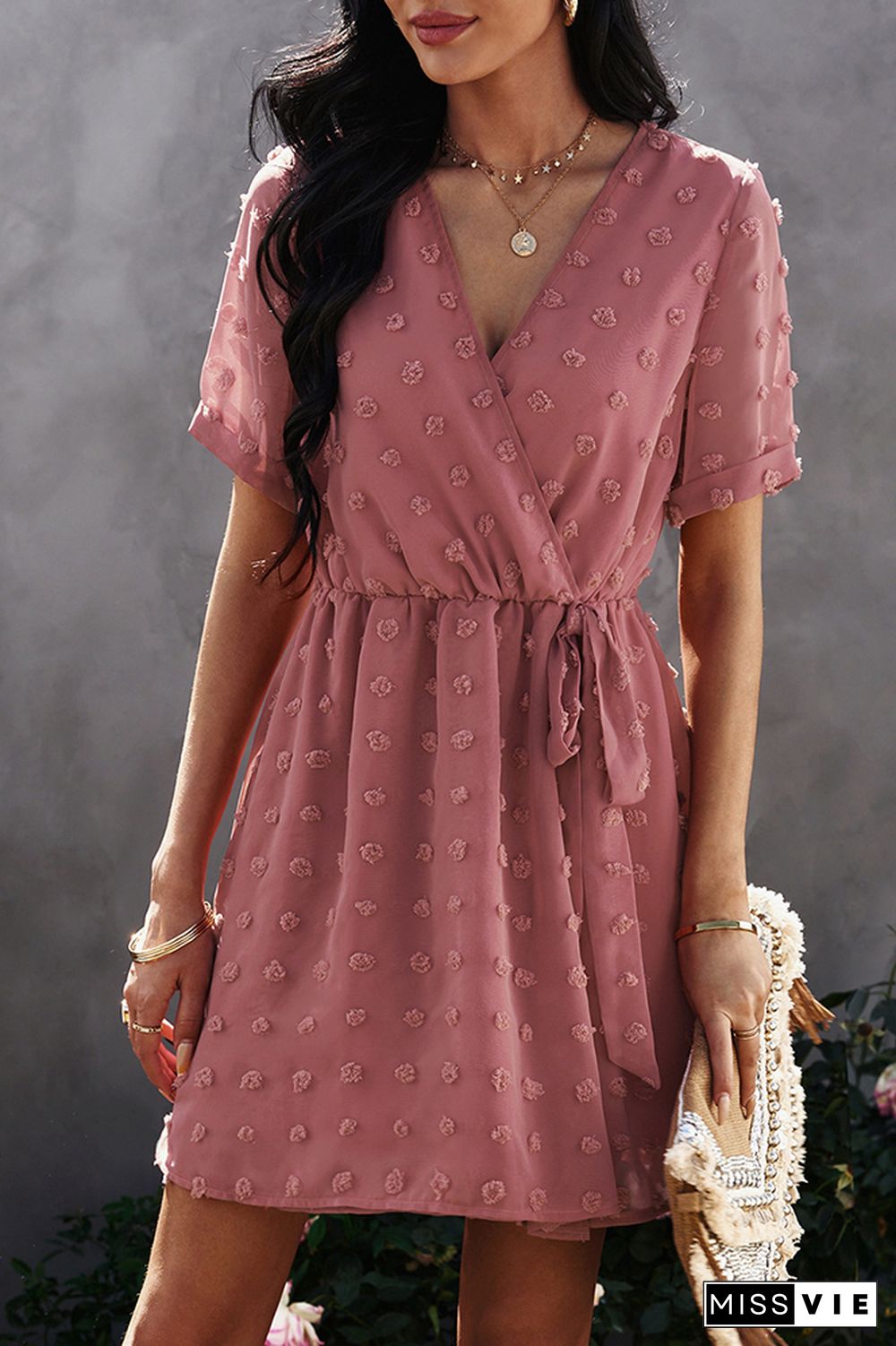 Solid V Neck Short Sleeve Dress Wholesale