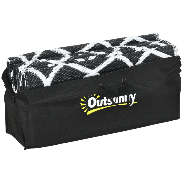 Outsunny Rv Mat Outdoor Patio Rug Large Camping Carpet With Carrying Bag 9 x27 X 12 x27 Waterproof Plastic Straw Reversible Black amp White Clover