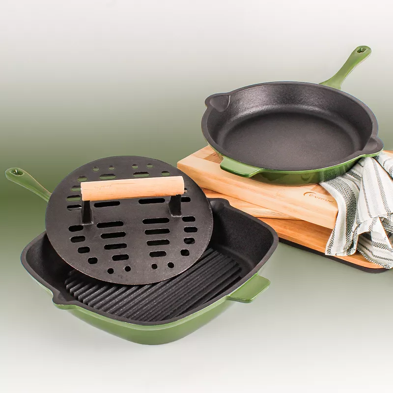 BergHOFF Neo 3-pc. Cast-Iron Frypan， Grill Pan and Slotted Steak Press Set