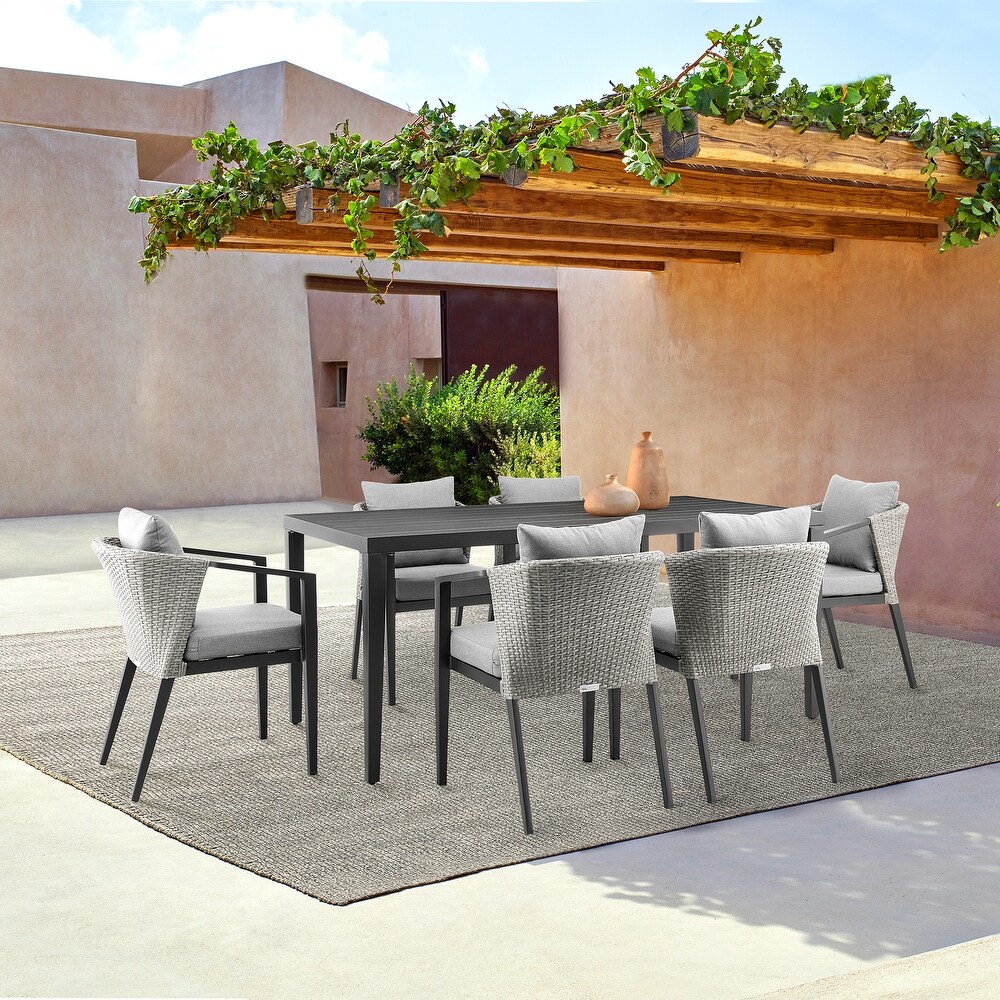 Palma Outdoor Patio 7 Piece Dining Table Set in Aluminum and Wicker with Grey Cushions