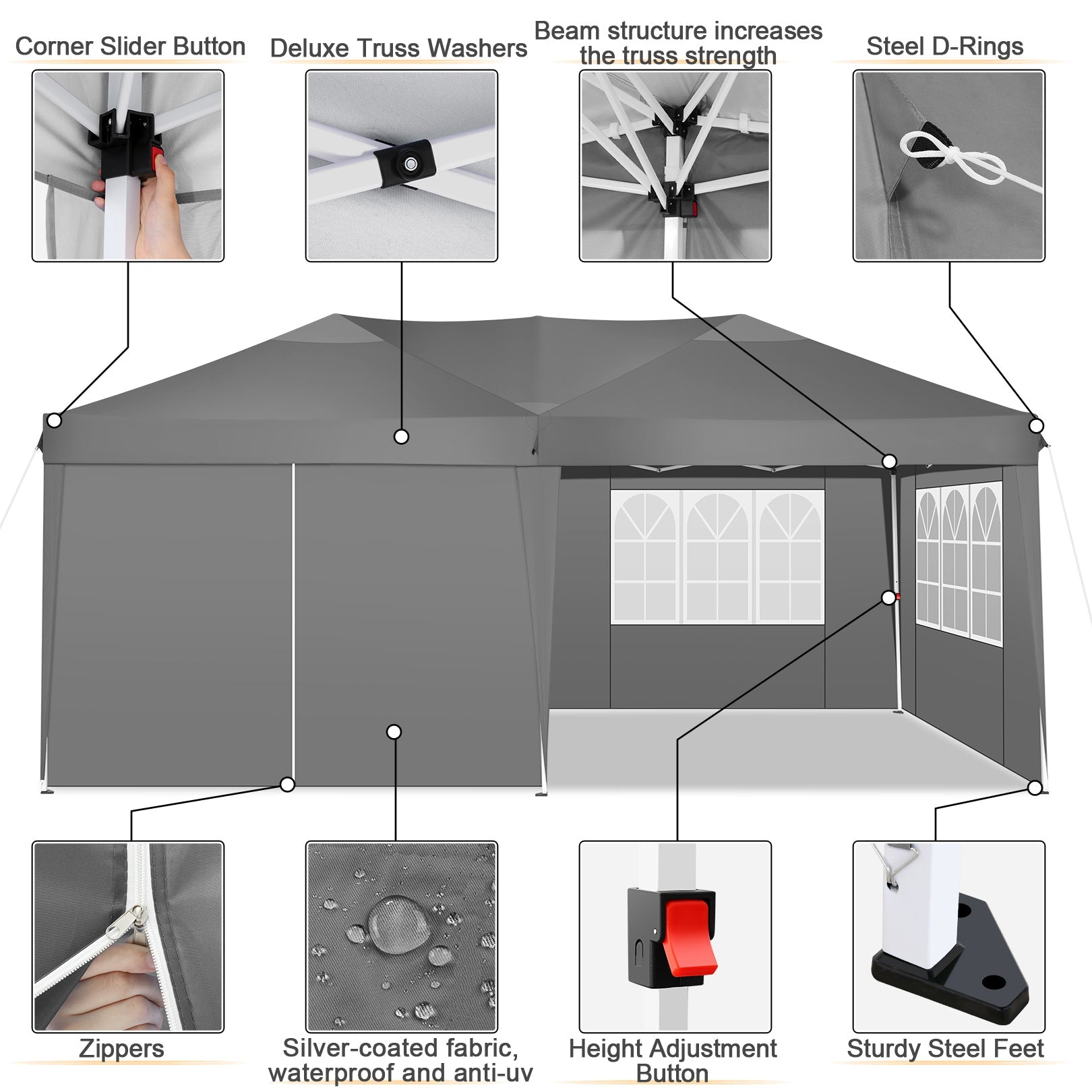 10' x 20' Outdoor Canopy Tent EZ Pop Up Backyard Canopy Portable Party Commercial Instant Canopy Shelter Tent Gazebo with 6 Removable Sidewalls & Carrying Bag for Wedding Picnics Camping, Gray