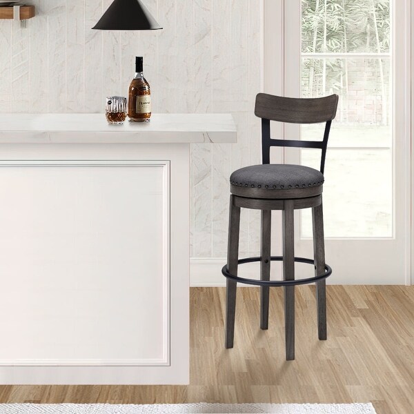 Swivel Barstool with Nailhead Trim and Curved Panel Back， Tall， Gray - 20.38 L x 19.25 W x 43.38 H