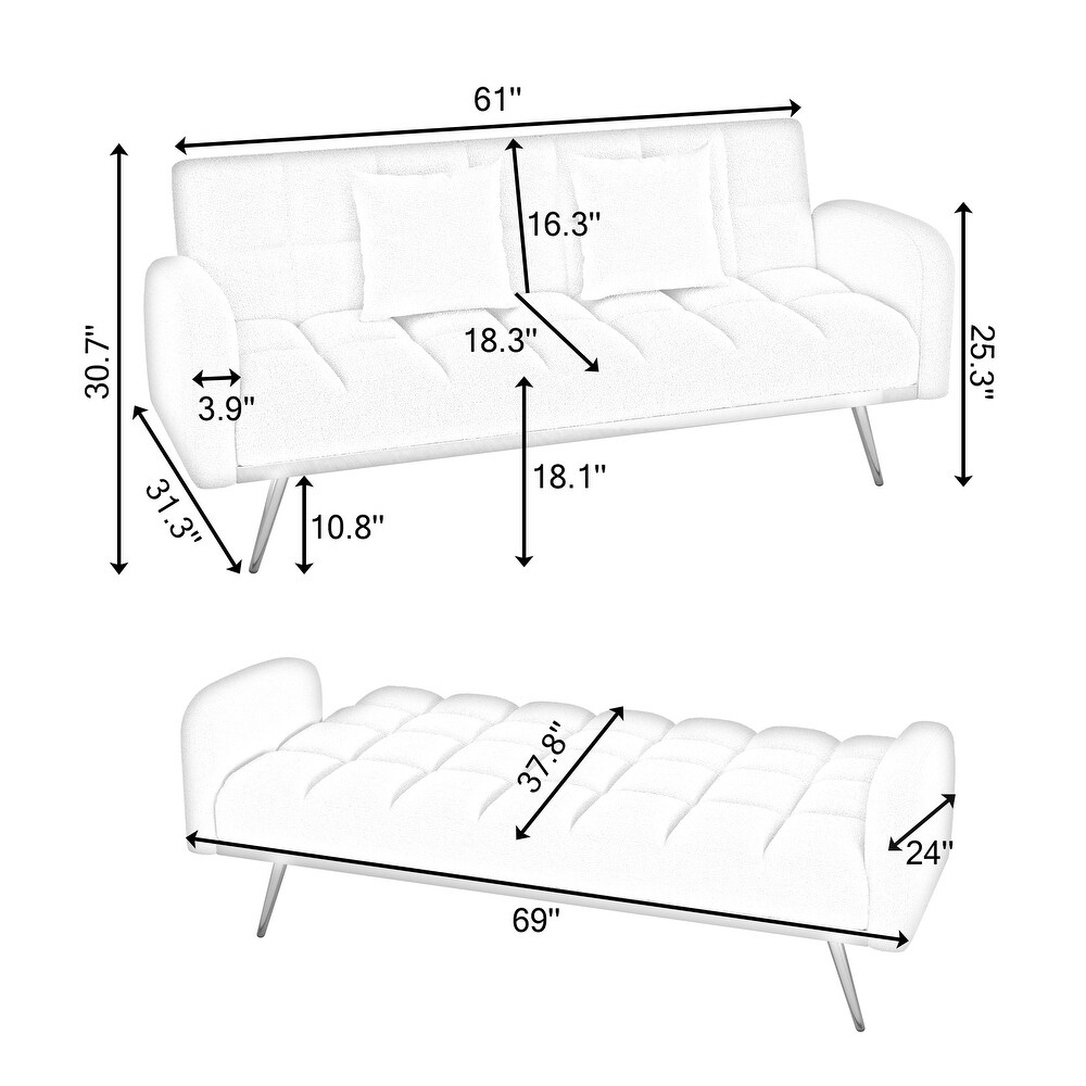 3 Seater Futon Sleeper Sofa with Adjustable Backrest and Pillows