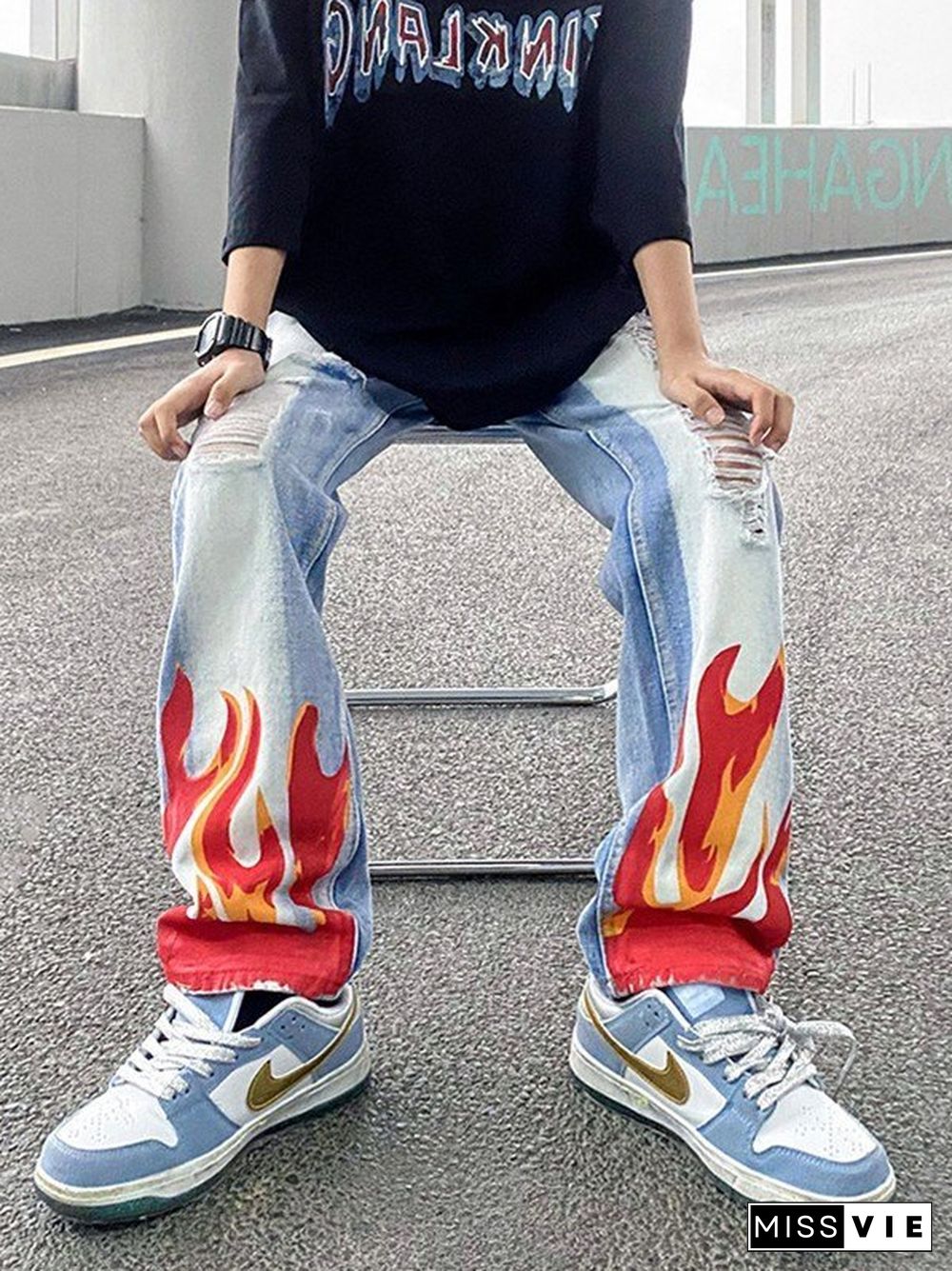 Bleached Flame Print Ripped Jeans